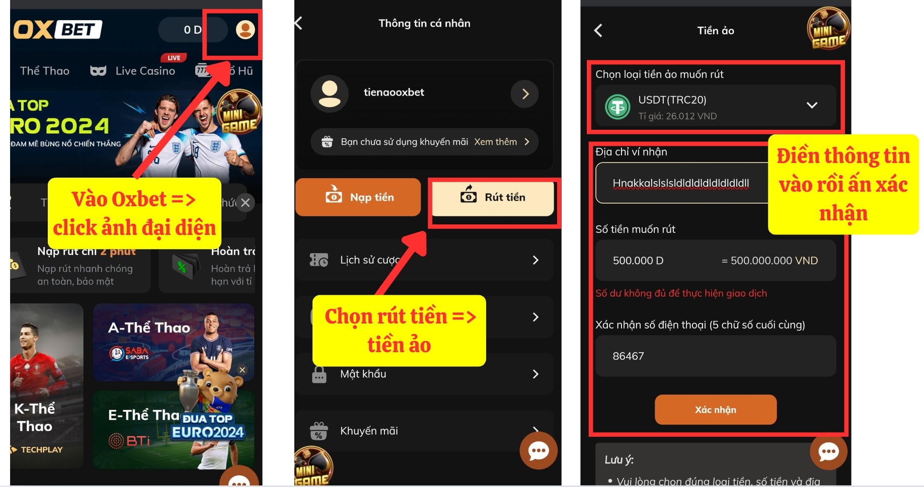 Rút tiền từ Oxbet về coin12